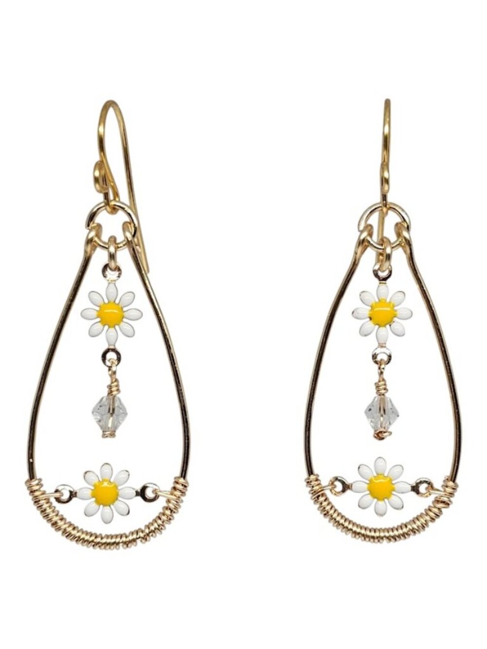 Handmade Daisy Floral Crystal Gold Tone Teardrop Dangle Boho Earrings